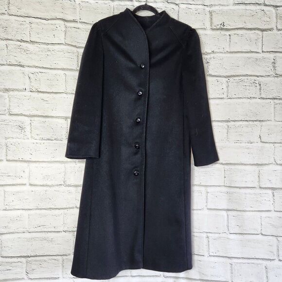 Vintage Nor'wester Solid Black Collarless Knee Length Pea Coat Wool Womens M - Picture 1 of 10